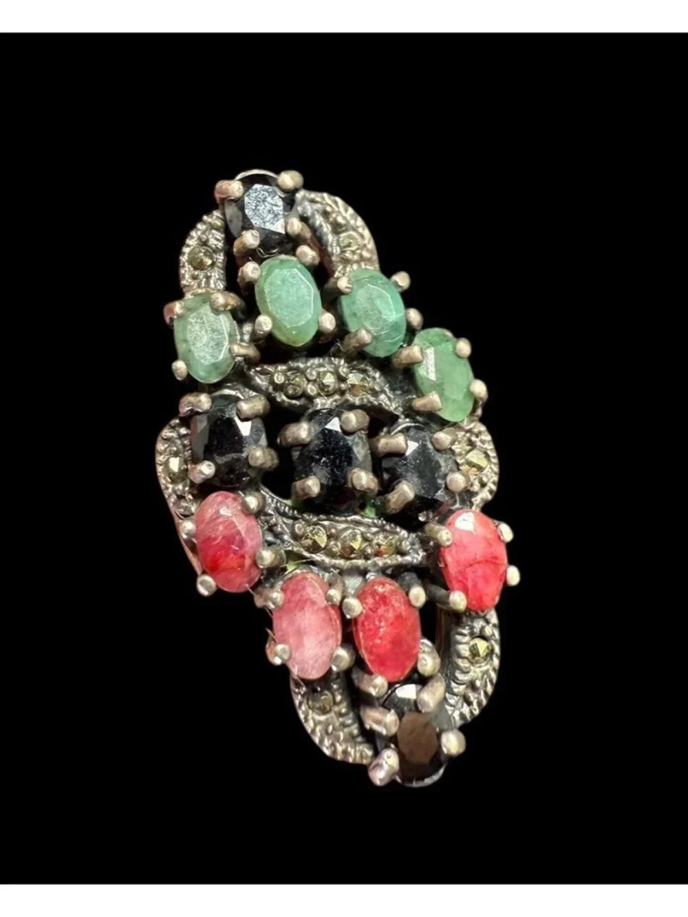 Vintage 925 Art Deco Marcasite Ring Multi Gemstone Ruby Emerald Sapphire